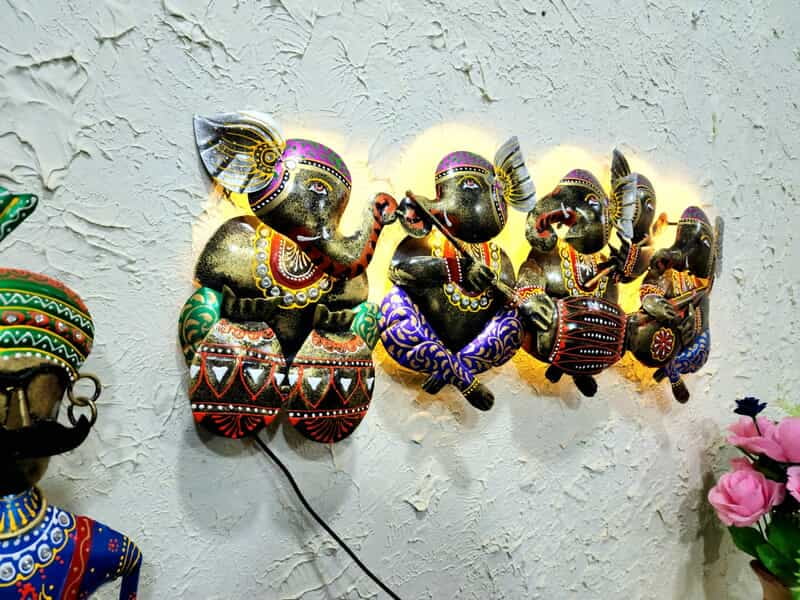 Handcrafted Wall Decor of Musical Ganeshas with LED Backlight – Vibrant Home Accent Handcrafted Wall Decor of Musical Ganeshas with LED Backlight – Vibrant Home Accent