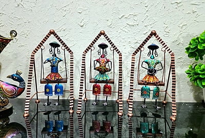 Handcrafted Rajasthani Folk Art Figurines on Swing – Set of 3 Unique Decor Pieces