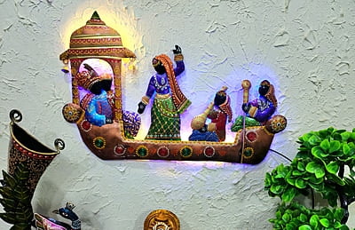 Handcrafted Indian Folk Art Wall Decor with LED Lighting – Royal Boat Procession