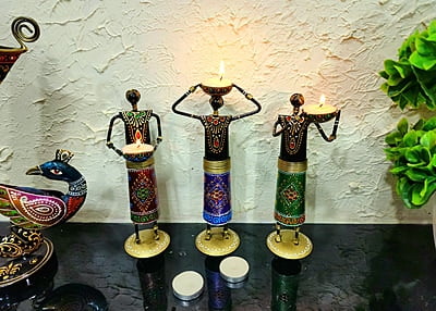 Handcrafted Tribal Tealight Holder Set – Rajasthani Folk Art Decor Trio