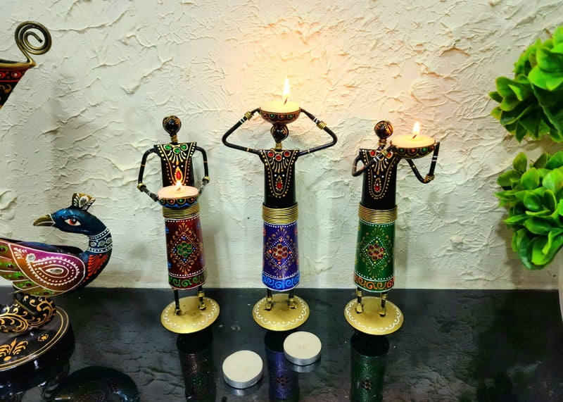 Handcrafted Tribal Tealight Holder Set – Rajasthani Folk Art Decor Trio Handcrafted Tribal Tealight Holder Set – Rajasthani Folk Art Decor Trio
