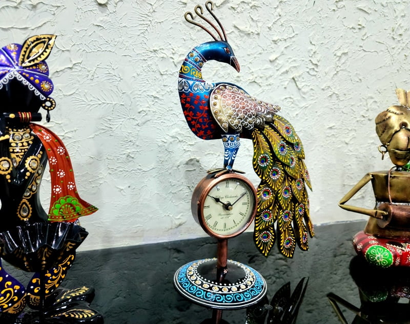 Handcrafted Peacock Table Clock – Vibrant Folk Art Decor Handcrafted Peacock Table Clock – Vibrant Folk Art Decor