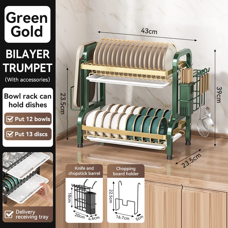 2 LAYERS PLATE RACK  PLATE DRAINER DISH RACK -GREEN & GOLD
