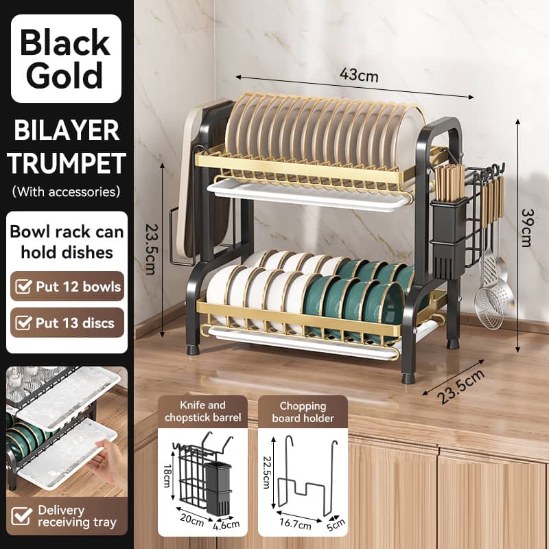 2 LAYERS PLATE RACK  PLATE DRAINER DISH RACK -GOLD & BLACK