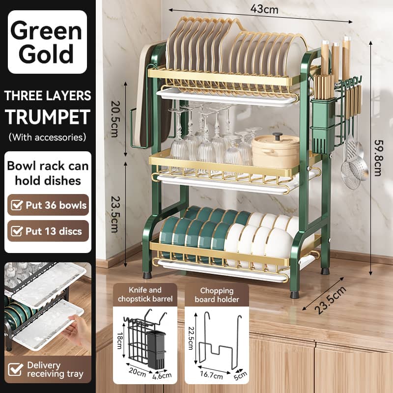 3 LAYERS PLATE RACK  PLATE DRAINER DISH RACK - GOLD AND GREEN