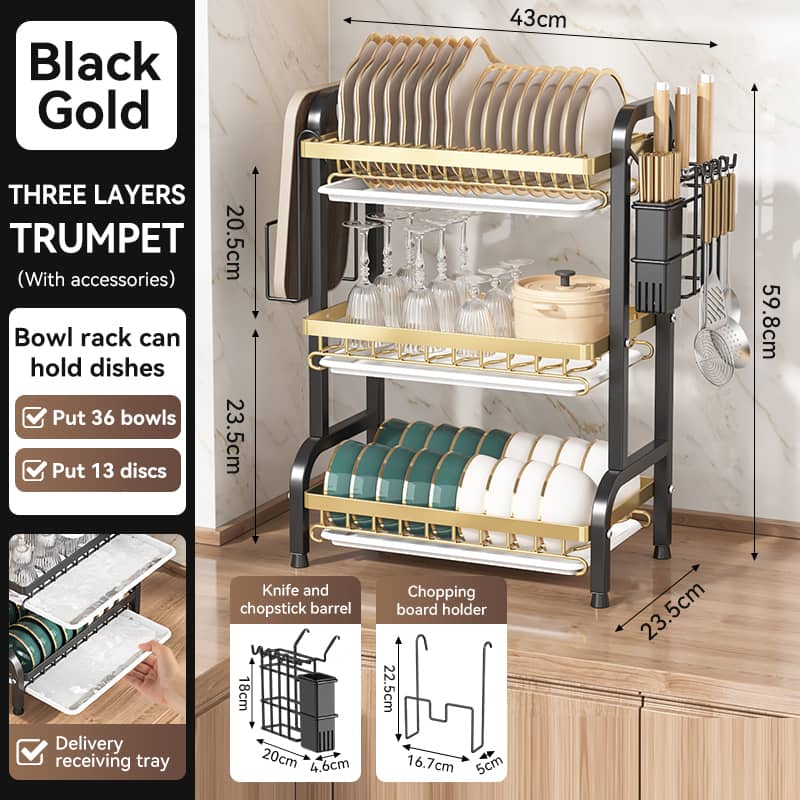 3 LAYERS PLATE RACK PLATE DRAINER DISH RACK - GOLD AND BLACK