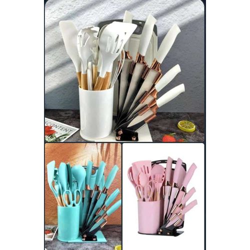 19PCS SET OF SILICONE COOKING SPOONS COOKWARE CHOPPING BOARD KNIVES WITH KNIVES STAND & STORAGE