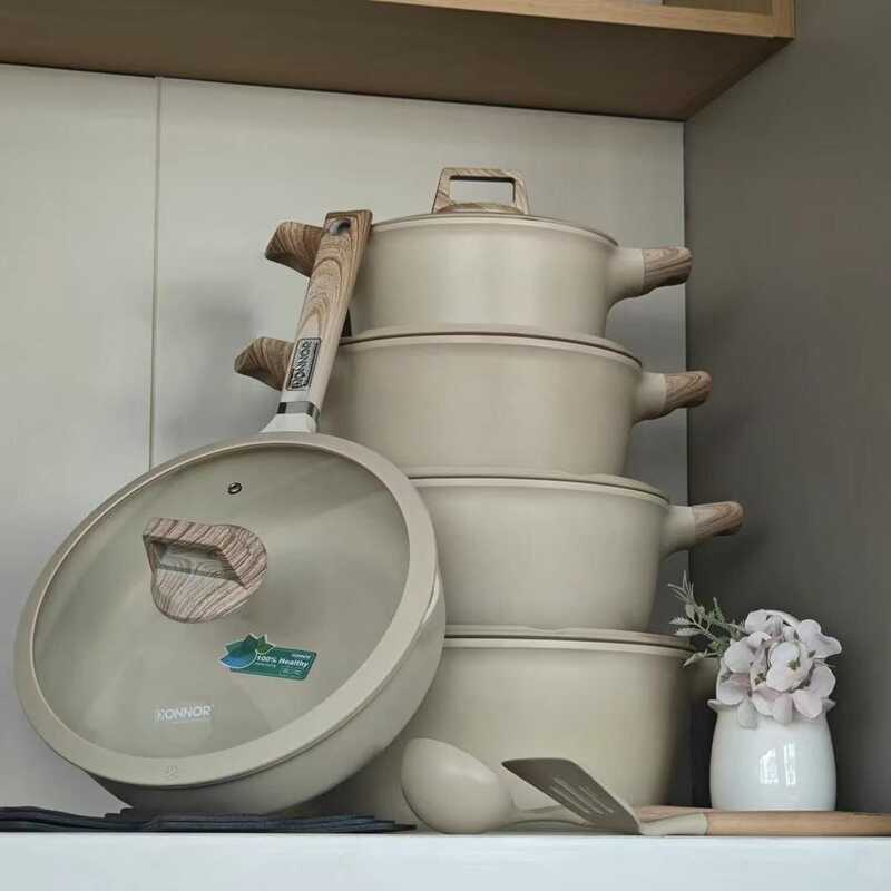 HIGH QUALITYRICH NON-STICK GRANITE COOKWARE SET COOKING POT- 4POT + 1 FRYPAN WITH GLASS LIDS