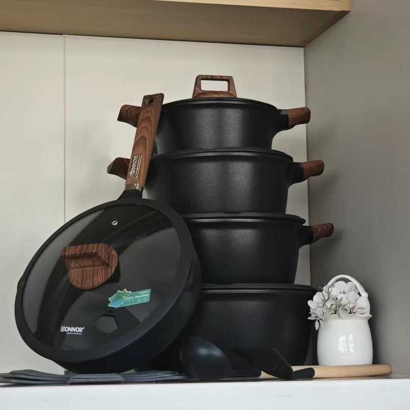 HIGH QUALITYRICH NON-STICK GRANITE COOKWARE SET COOKING POT- 4POT + 1 FRYPAN WITH GLASS LIDS