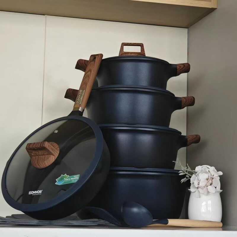 HIGH QUALITYRICH NON-STICK GRANITE COOKWARE SET COOKING POT- 4POT + 1 FRYPAN WITH GLASS LIDS