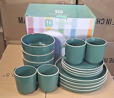16-piece-stoneware dinner set (solid deep green with thin white rim color)