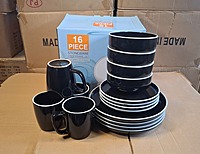 16 - Piece Dinner Set (solid bold black with white rim color)