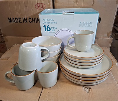 16 - Piece Dinner Set (solid fossil with orange rim color)