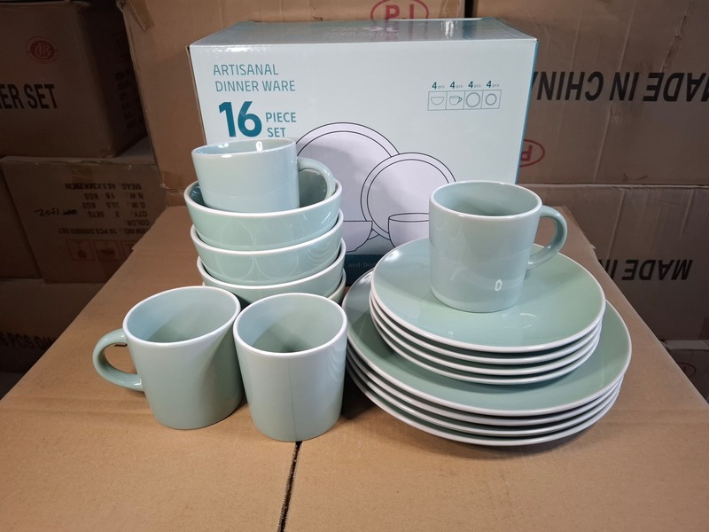 16 - Piece Dinner Set (solid light teal with white rim color)