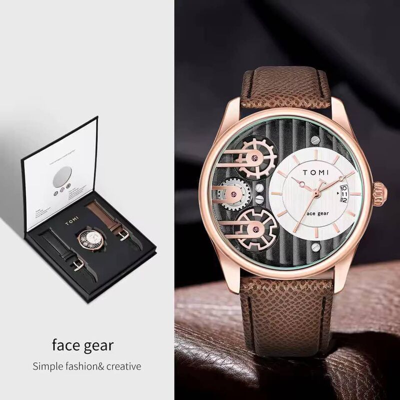 TOMI GEAR-FACE LEATHER WRIST WATCH WITH 2 STRIPS GIFT PACK