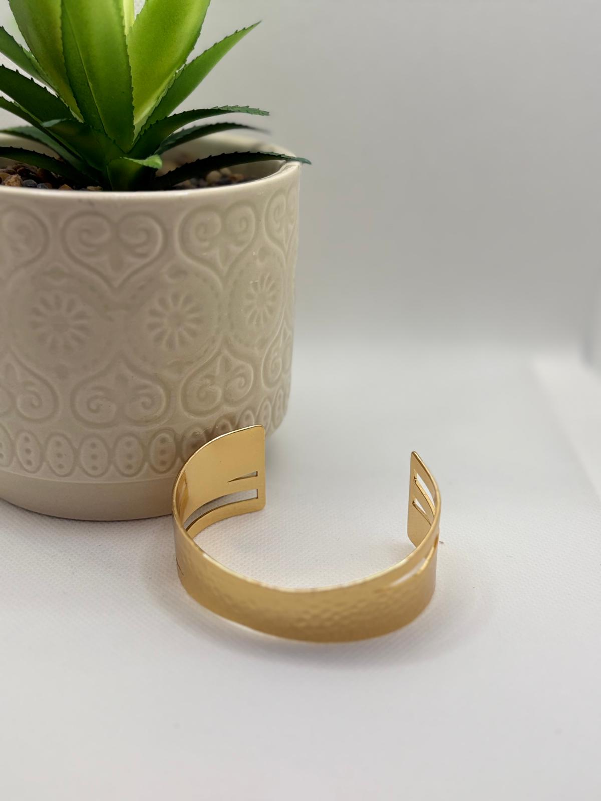 Wide Gold Hammered Open Cuff Bangle