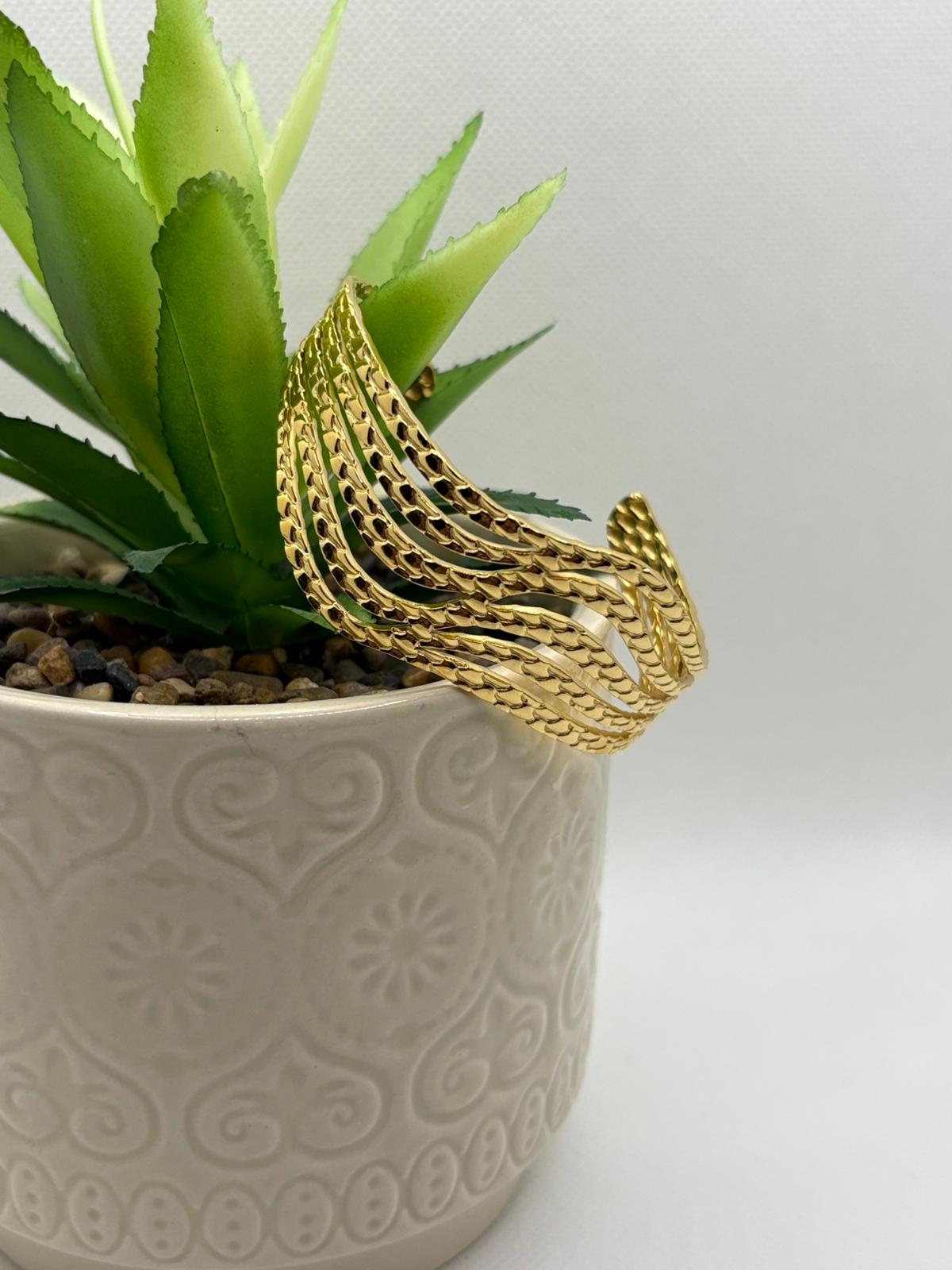 Sculptural Gold Layered Leaf Cuff Bangle