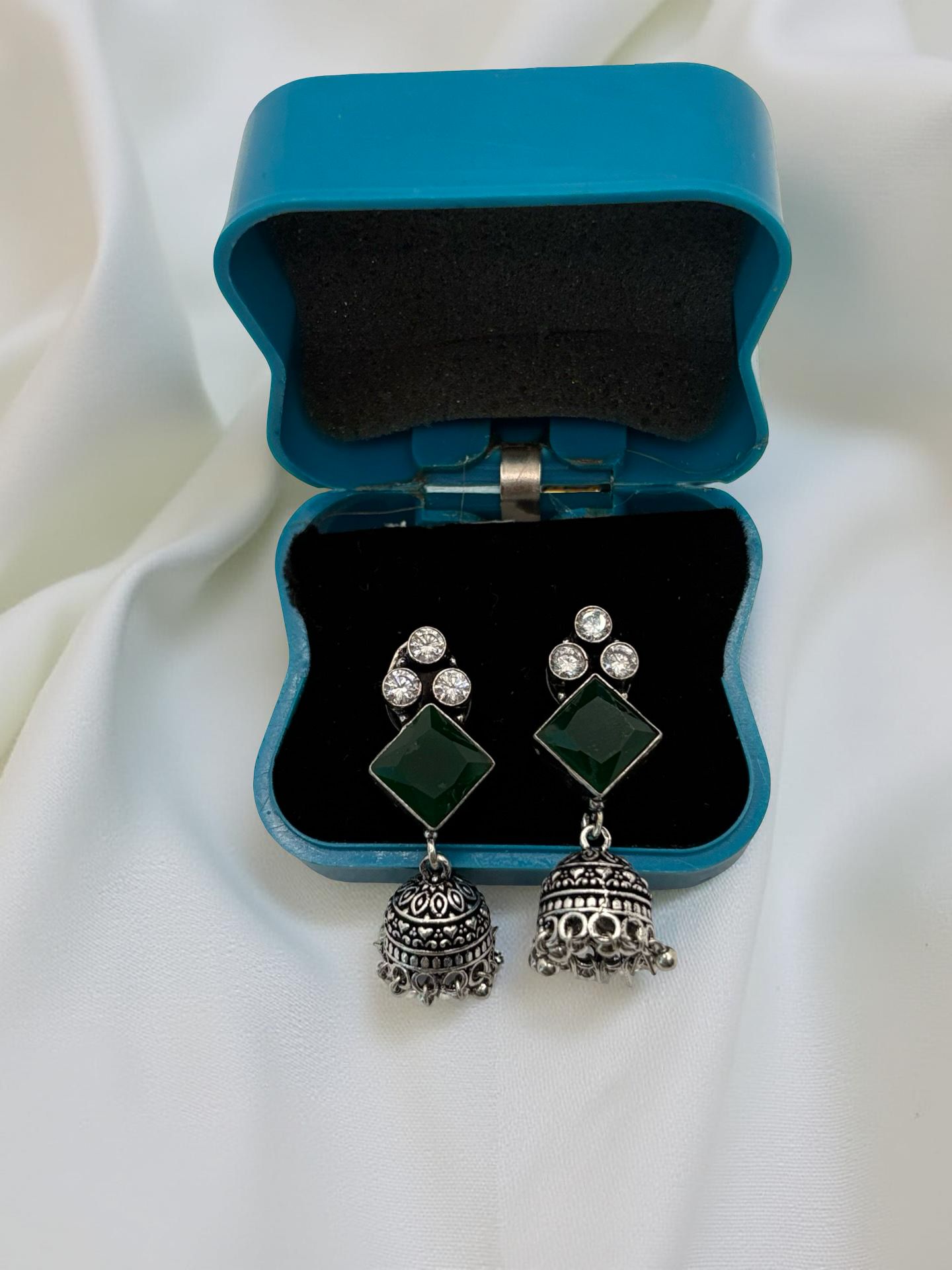 Medium Oxidised Silver Jumkha with Crystal Stud & White Crown