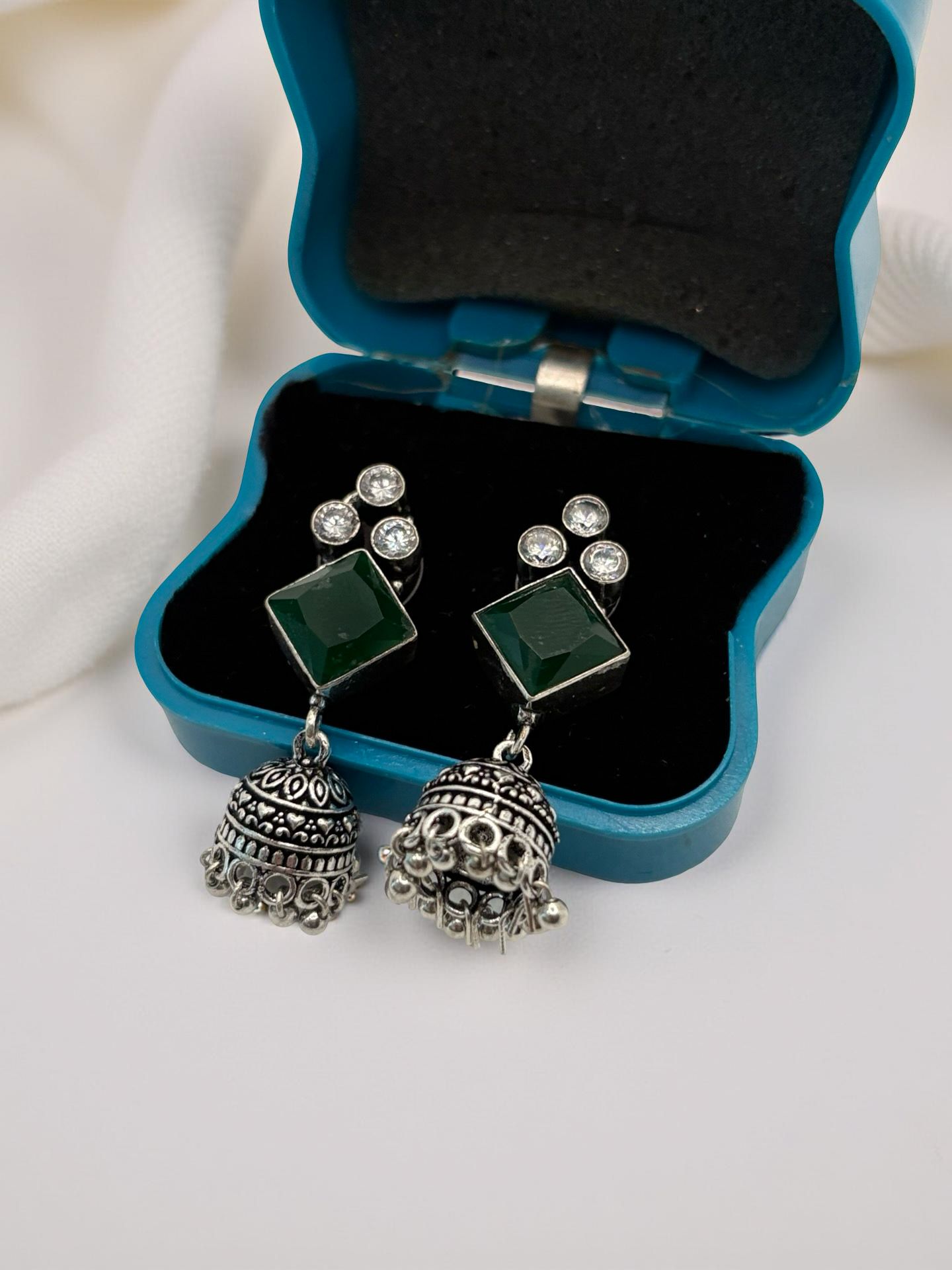 Medium Oxidised Silver Jumkha with Crystal Stud & White Crown