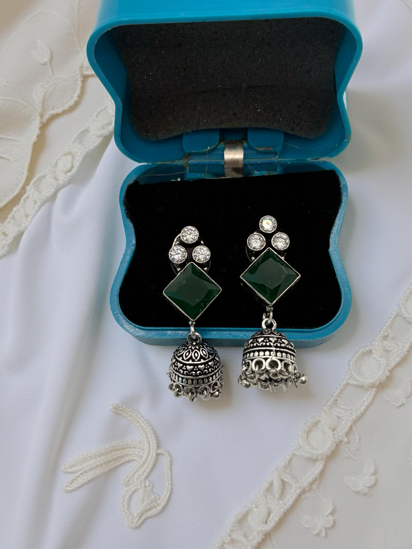 Medium Oxidised Silver Jumkha with Crystal Stud & White Crown