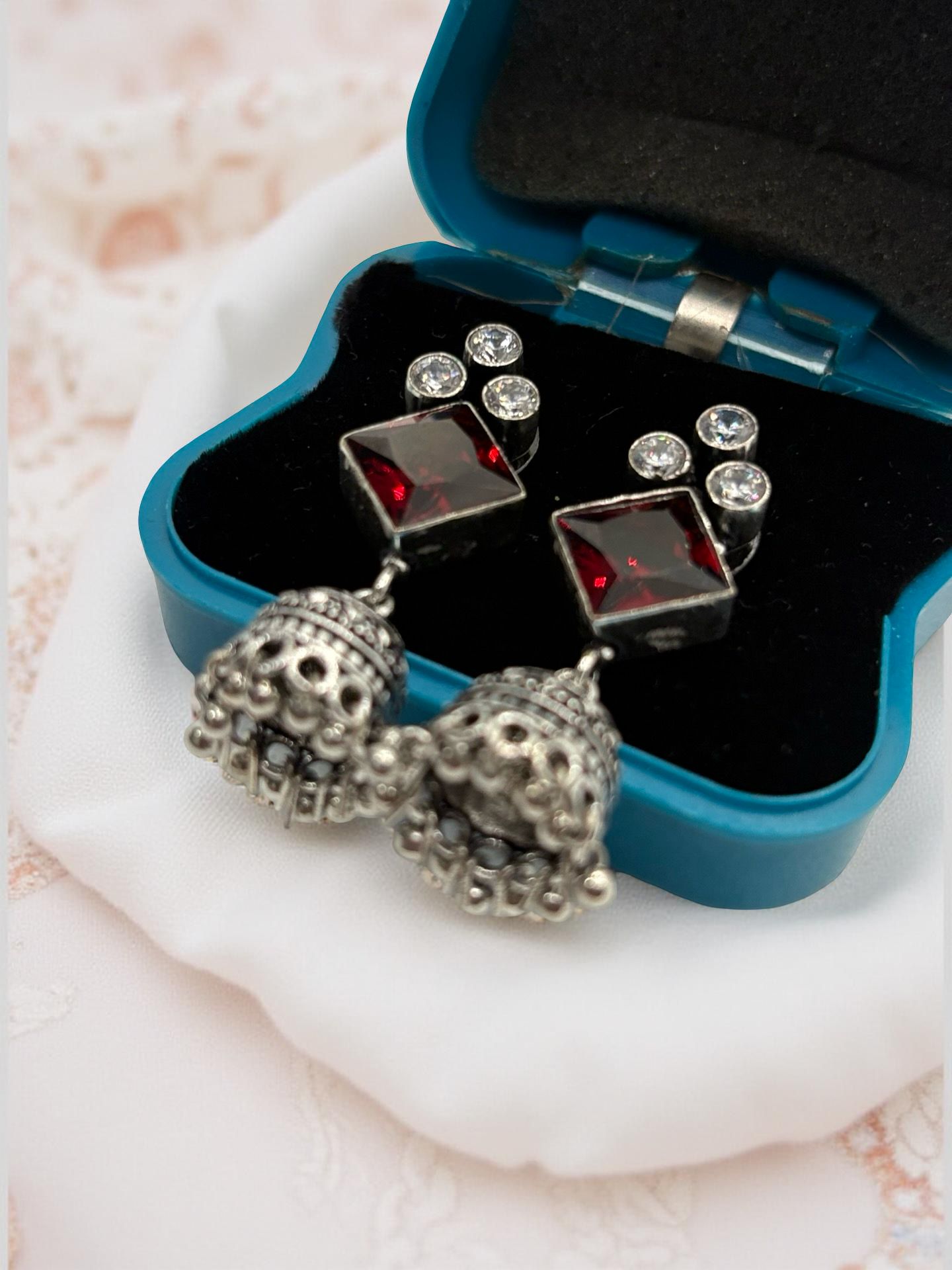 Medium Oxidised Silver Jumkha with Crystal Stud & White Crown