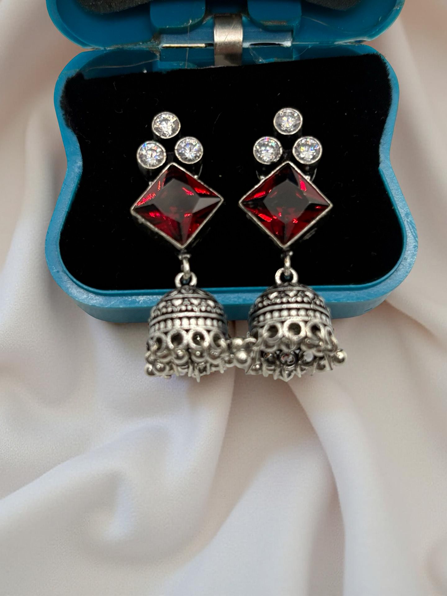Medium Oxidised Silver Jumkha with Crystal Stud & White Crown