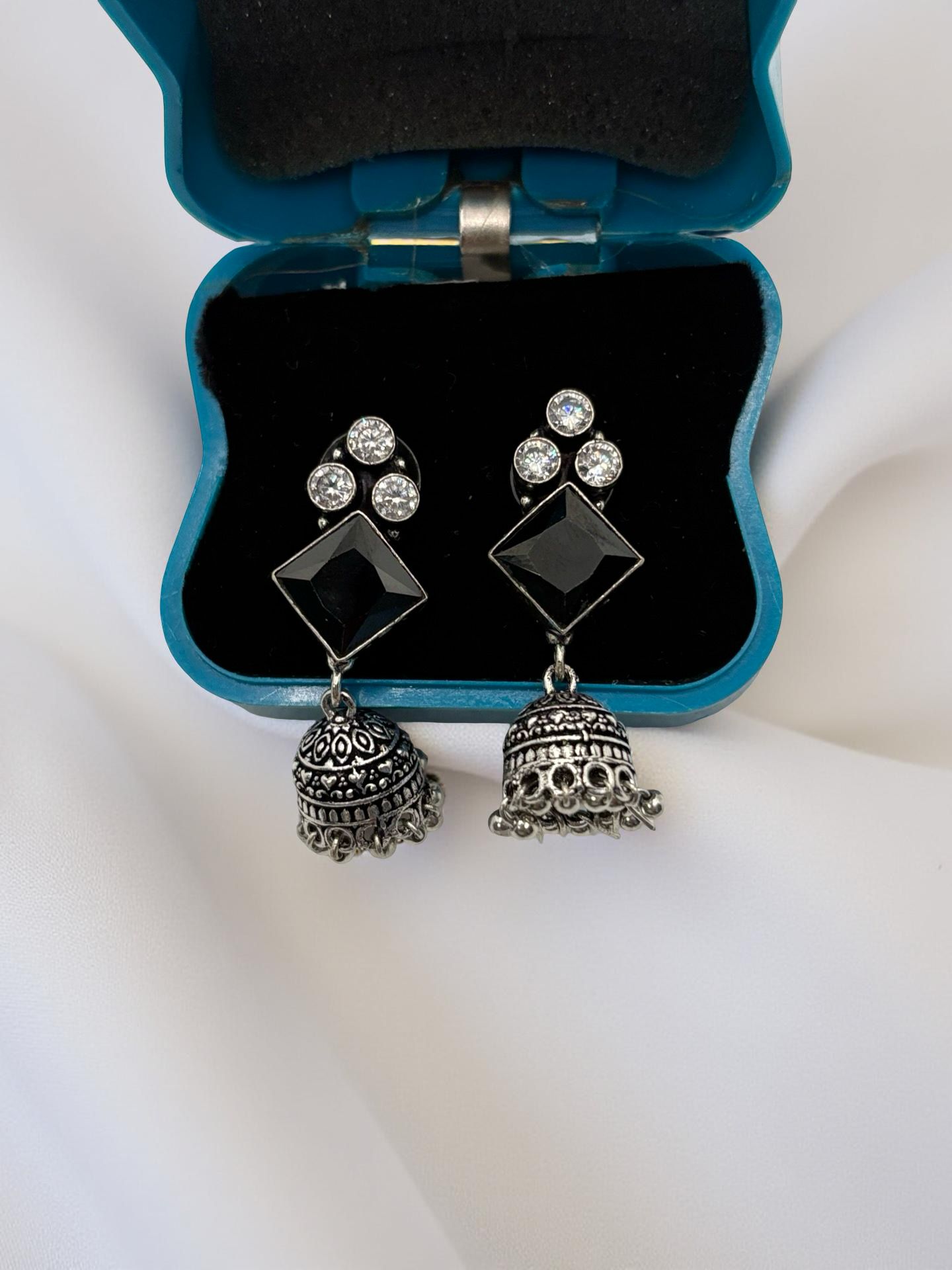 Medium Oxidised Silver Jumkha with Crystal Stud & White Crown