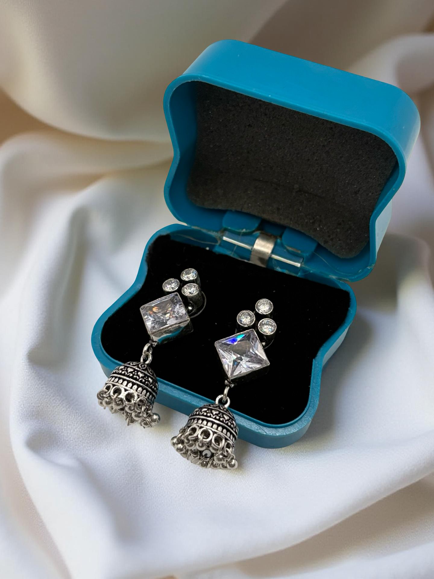 Medium Oxidised Silver Jumkha with Crystal Stud & White Crown