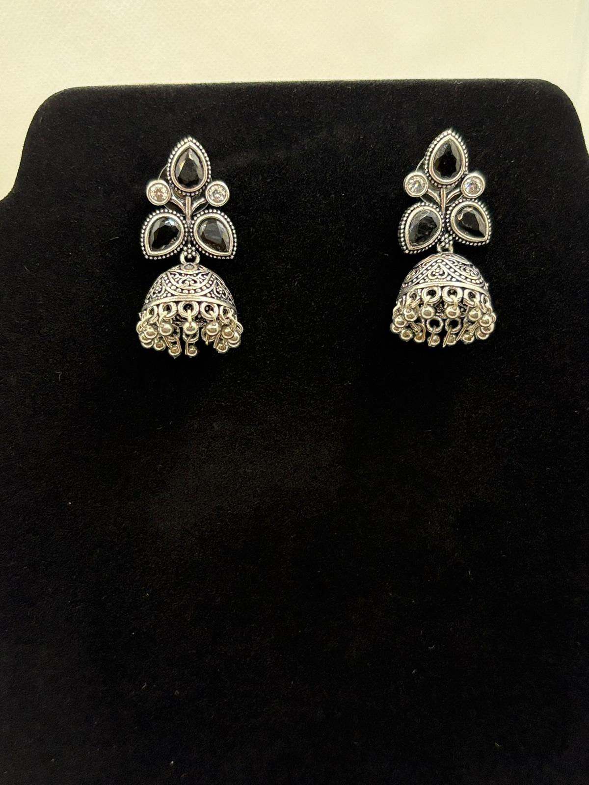 Medium Oxidised Silver Jumkha with Crystal Stud