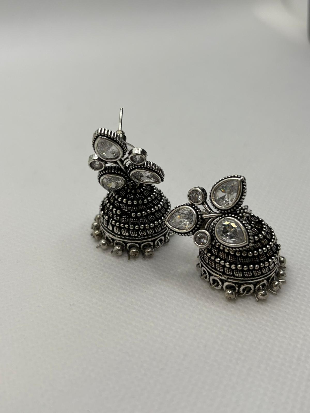 Medium Oxidised Silver Jumkha with Crystal Stud