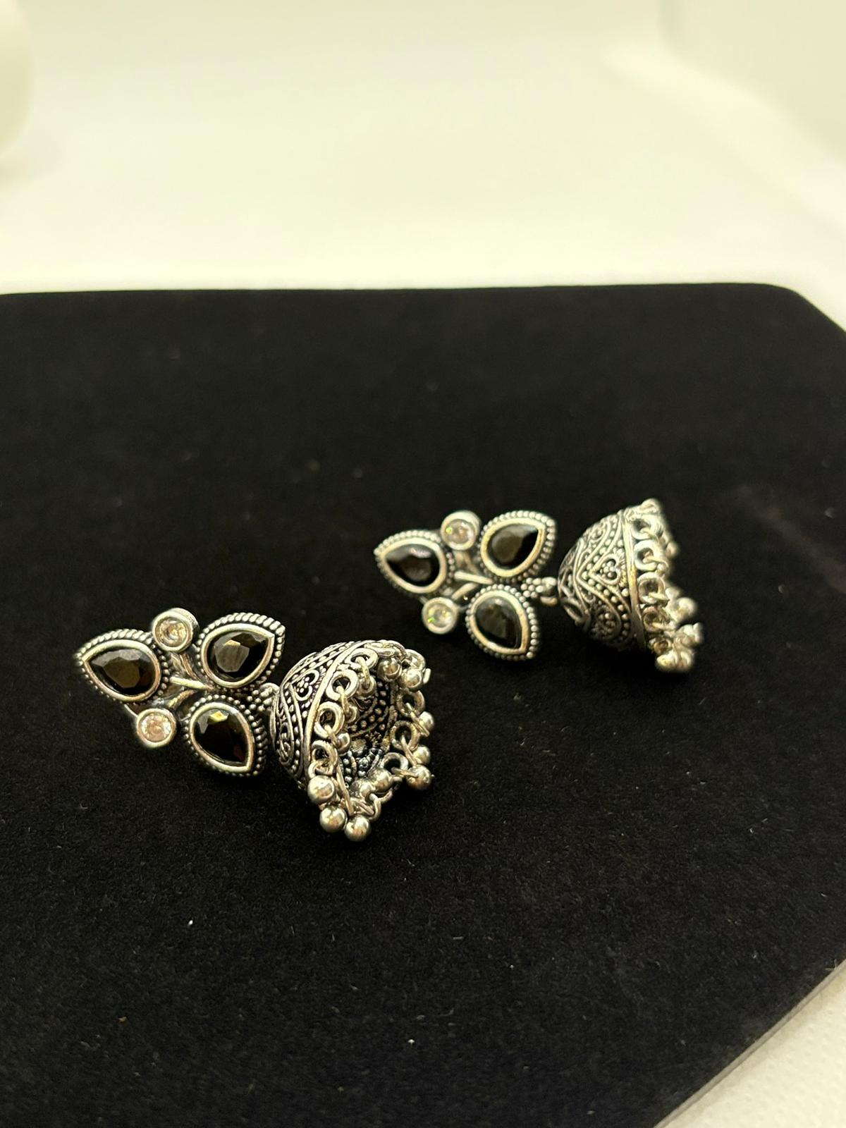 Medium Oxidised Silver Jumkha with Crystal Stud