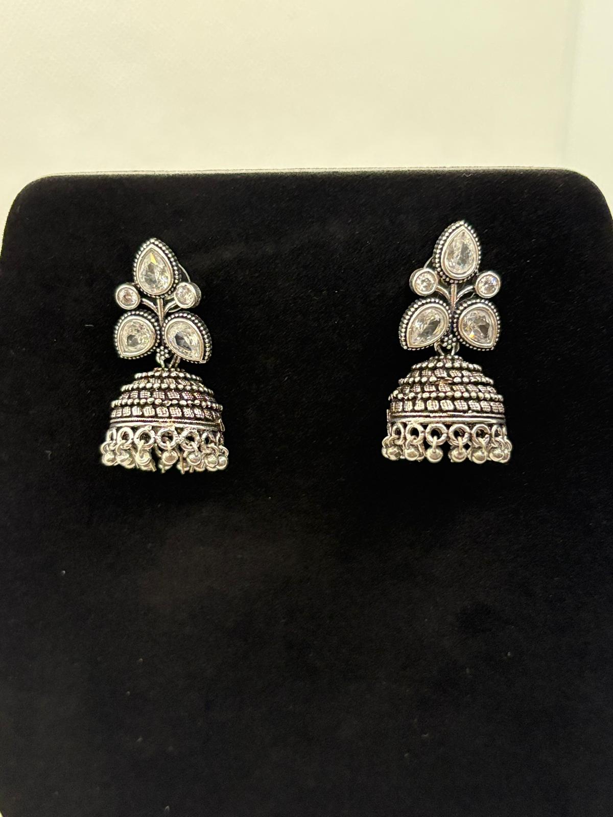 Medium Oxidised Silver Jumkha with Crystal Stud