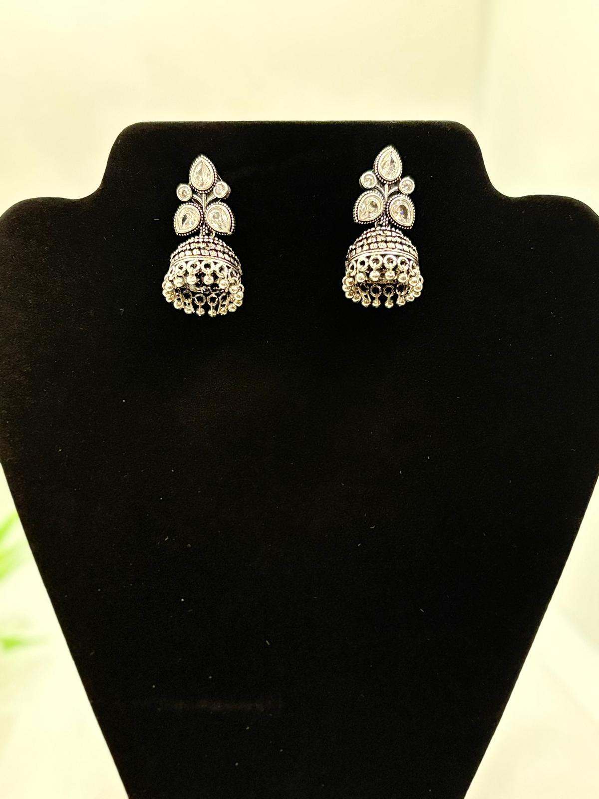 Medium Oxidised Silver Jumkha with Crystal Stud
