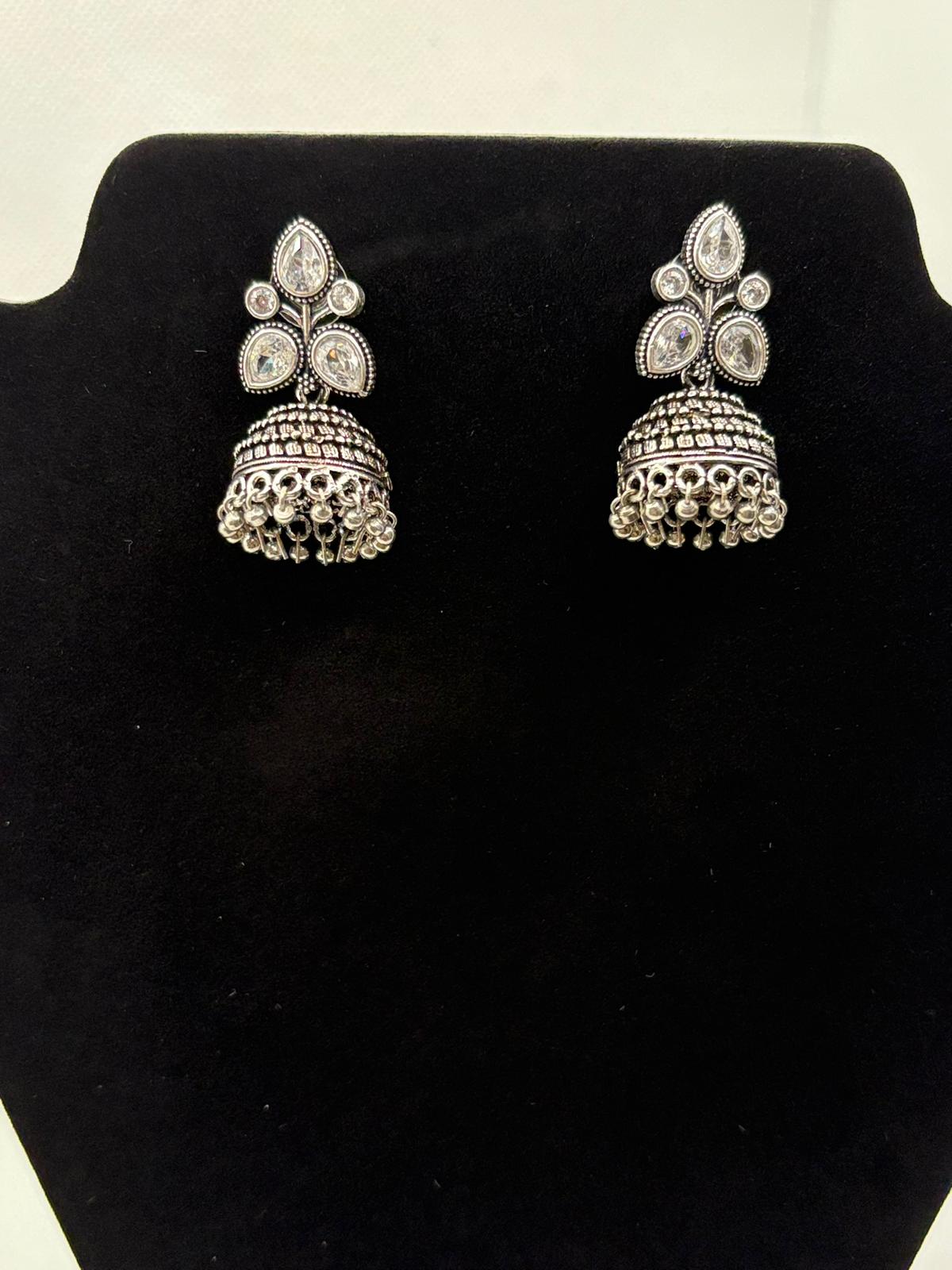 Medium Oxidised Silver Jumkha with Crystal Stud
