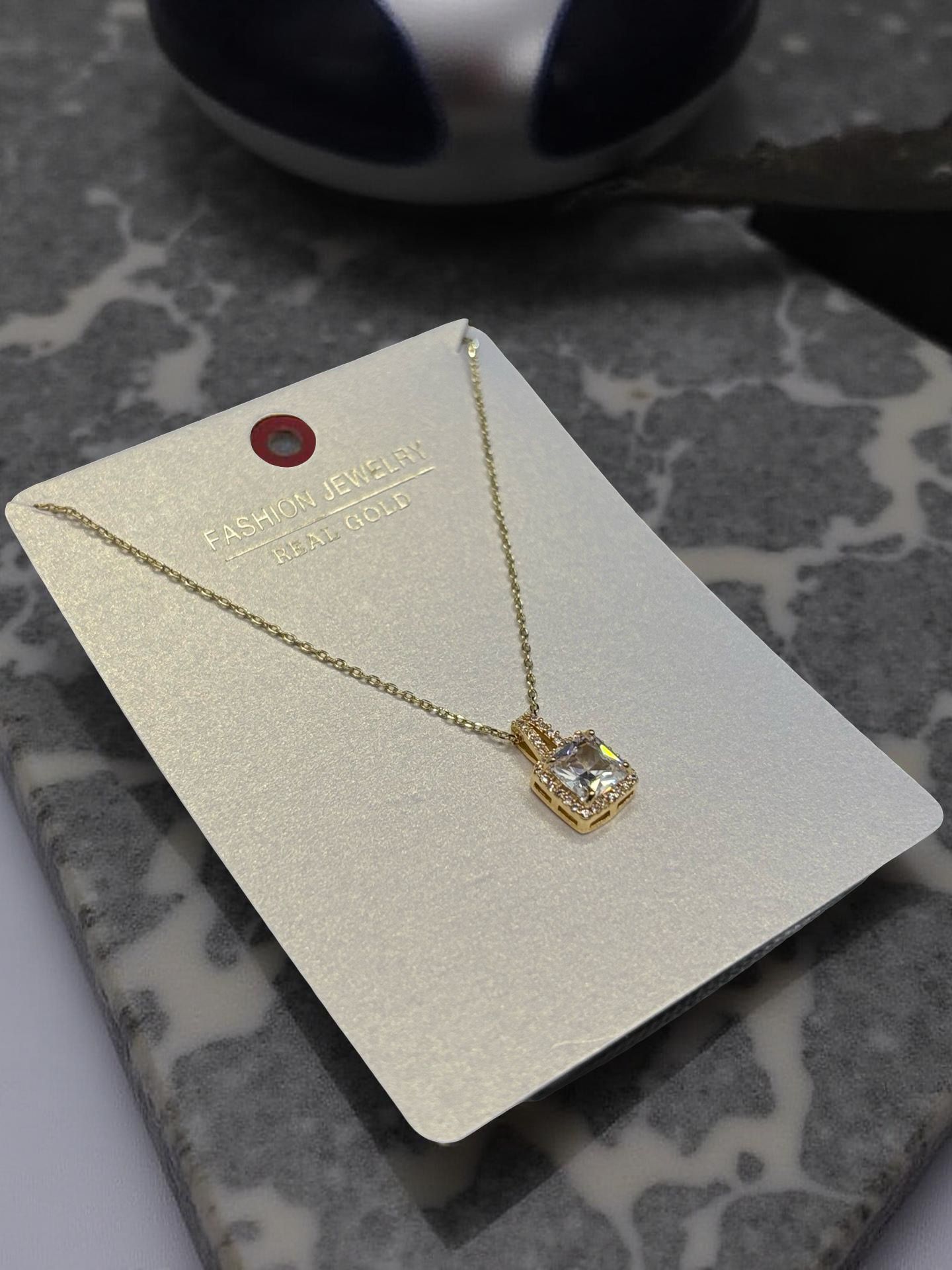 Classic Gold Square-Cut Crystal Halo Pendant Necklace
