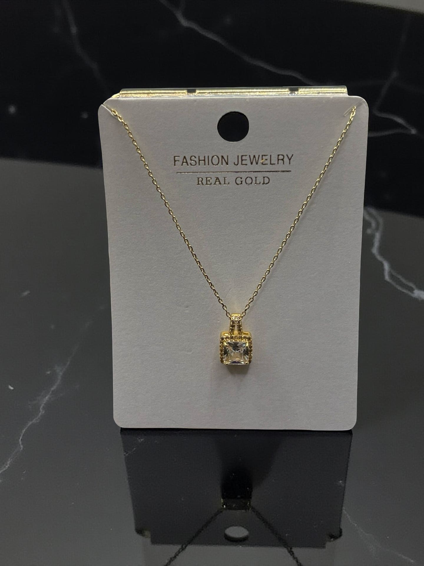 Classic Gold Square-Cut Crystal Halo Pendant Necklace