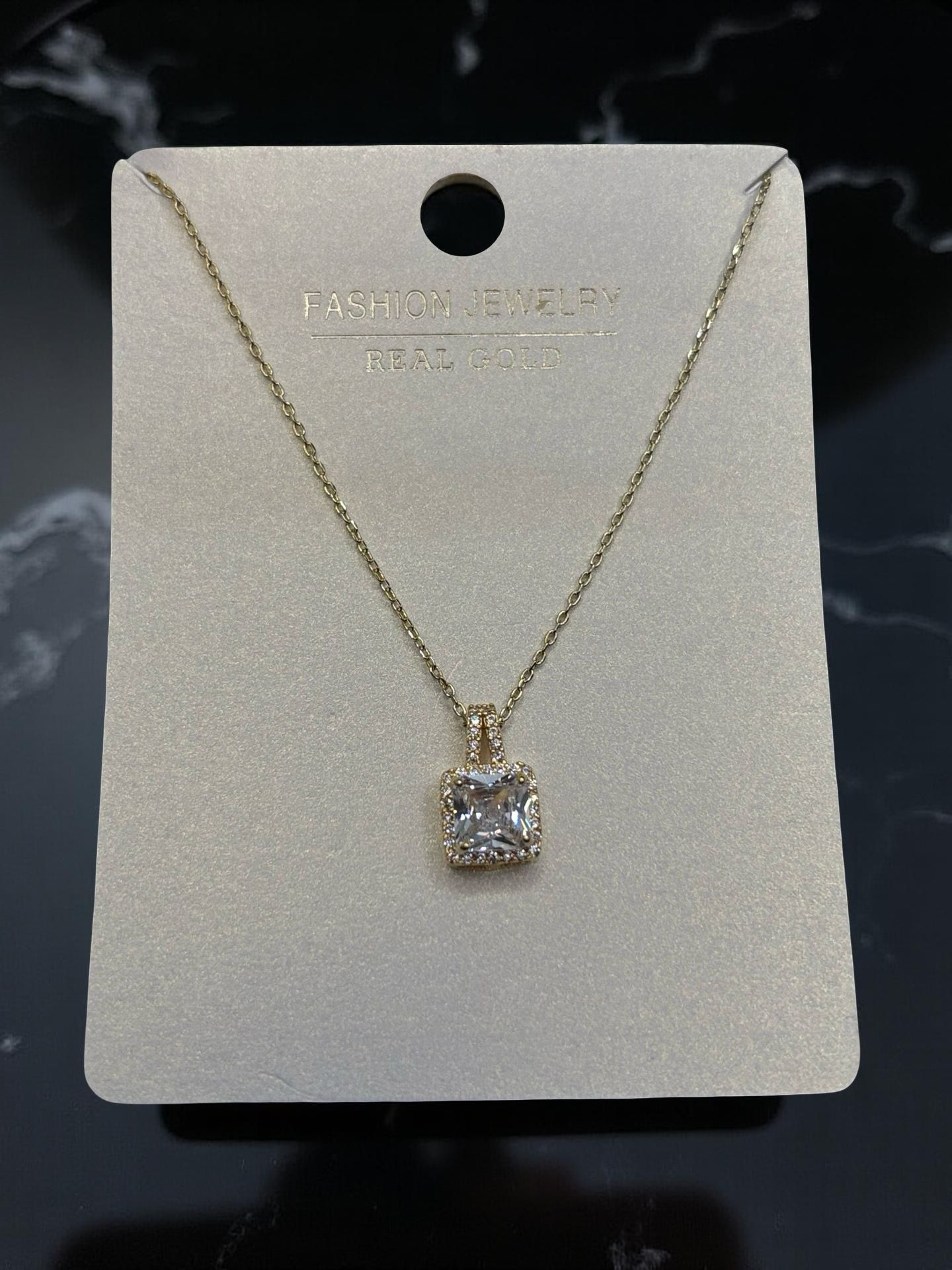 Classic Gold Square-Cut Crystal Halo Pendant Necklace