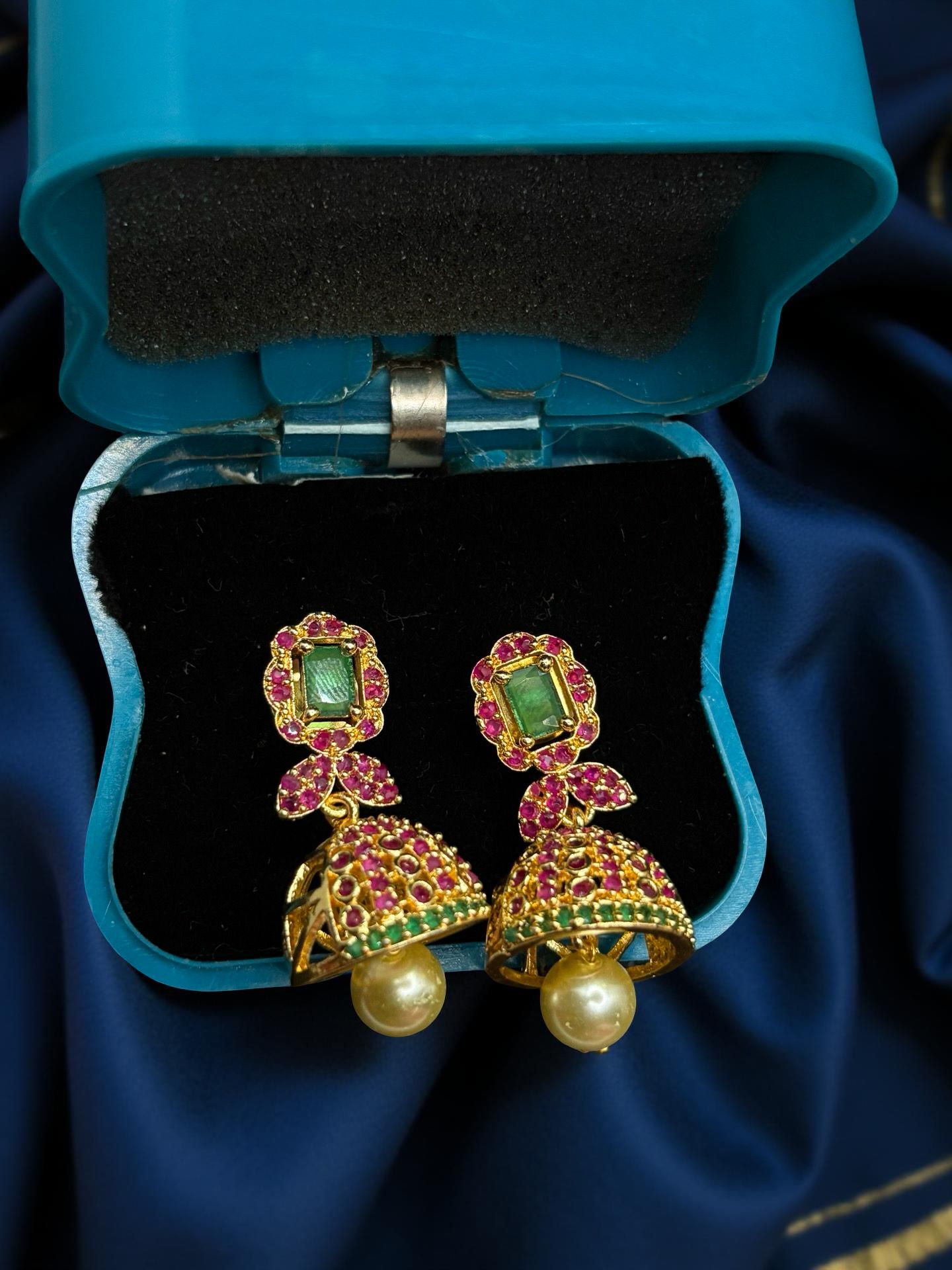 Green Pink AD Stone Jumkha with Pearl drops