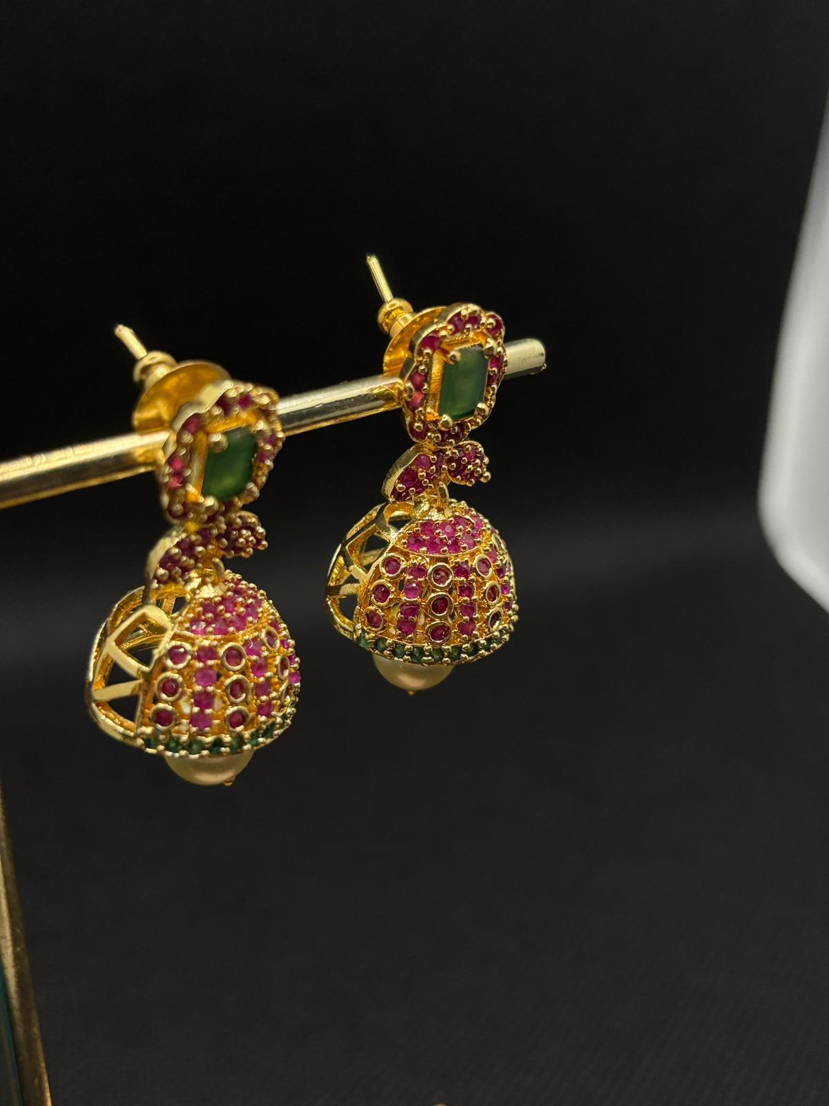 Green Pink AD Stone Jumkha with Pearl drops