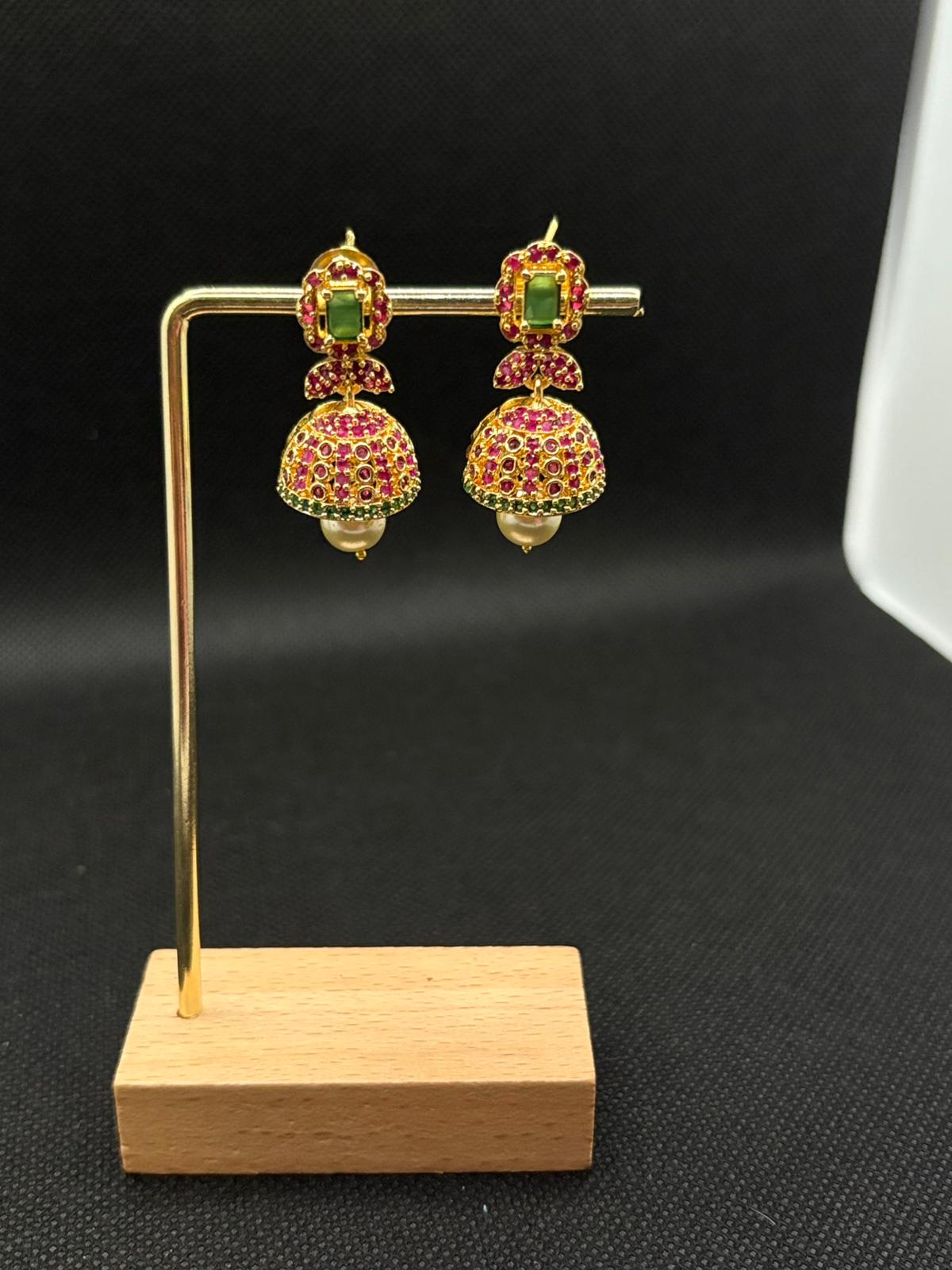 Green Pink AD Stone Jumkha with Pearl drops