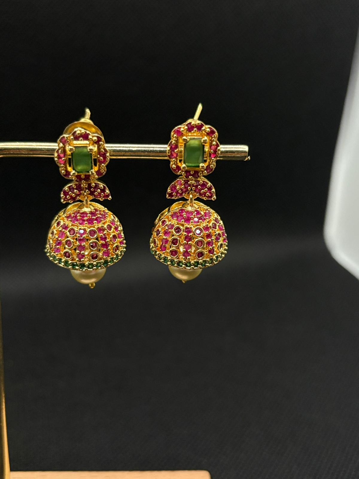 Green Pink AD Stone Jumkha with Pearl drops
