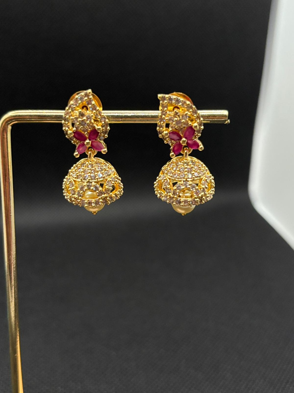 AD stoned Mango pendent Jumkha with Pearl hanging