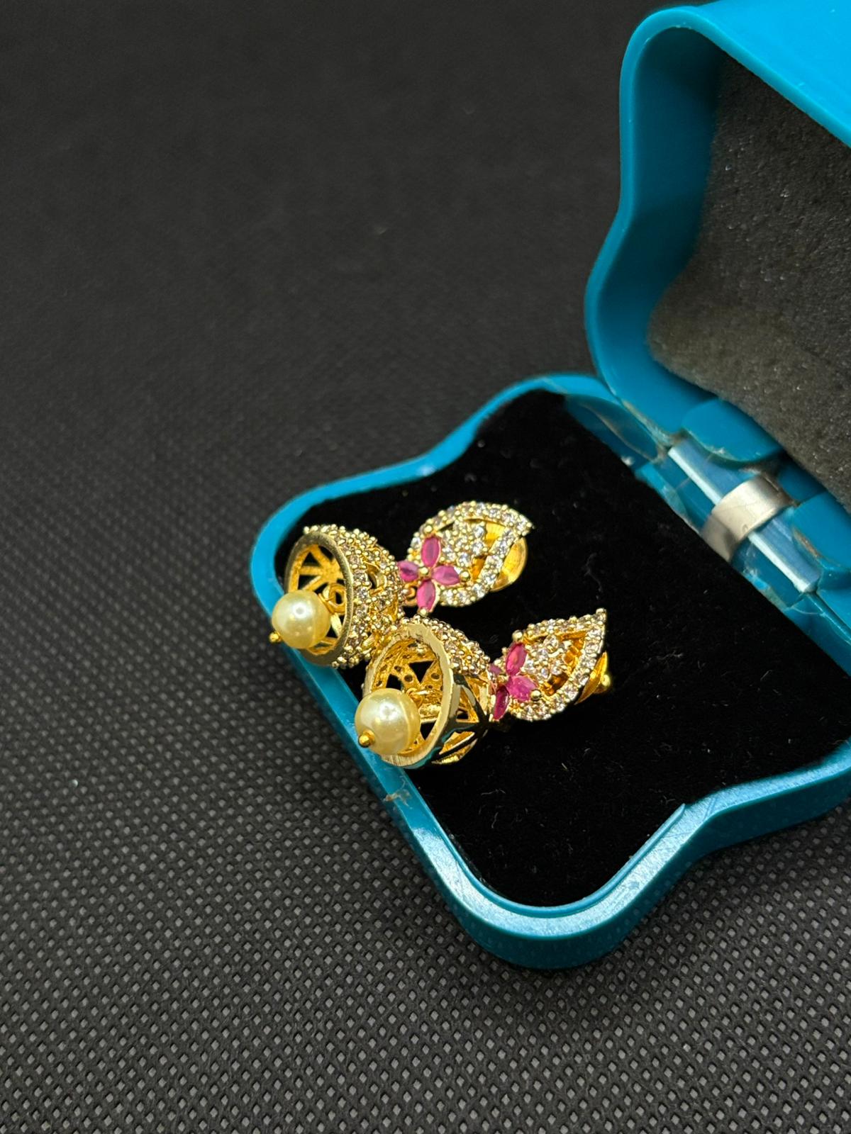 AD stoned Mango pendent Jumkha with Pearl hanging