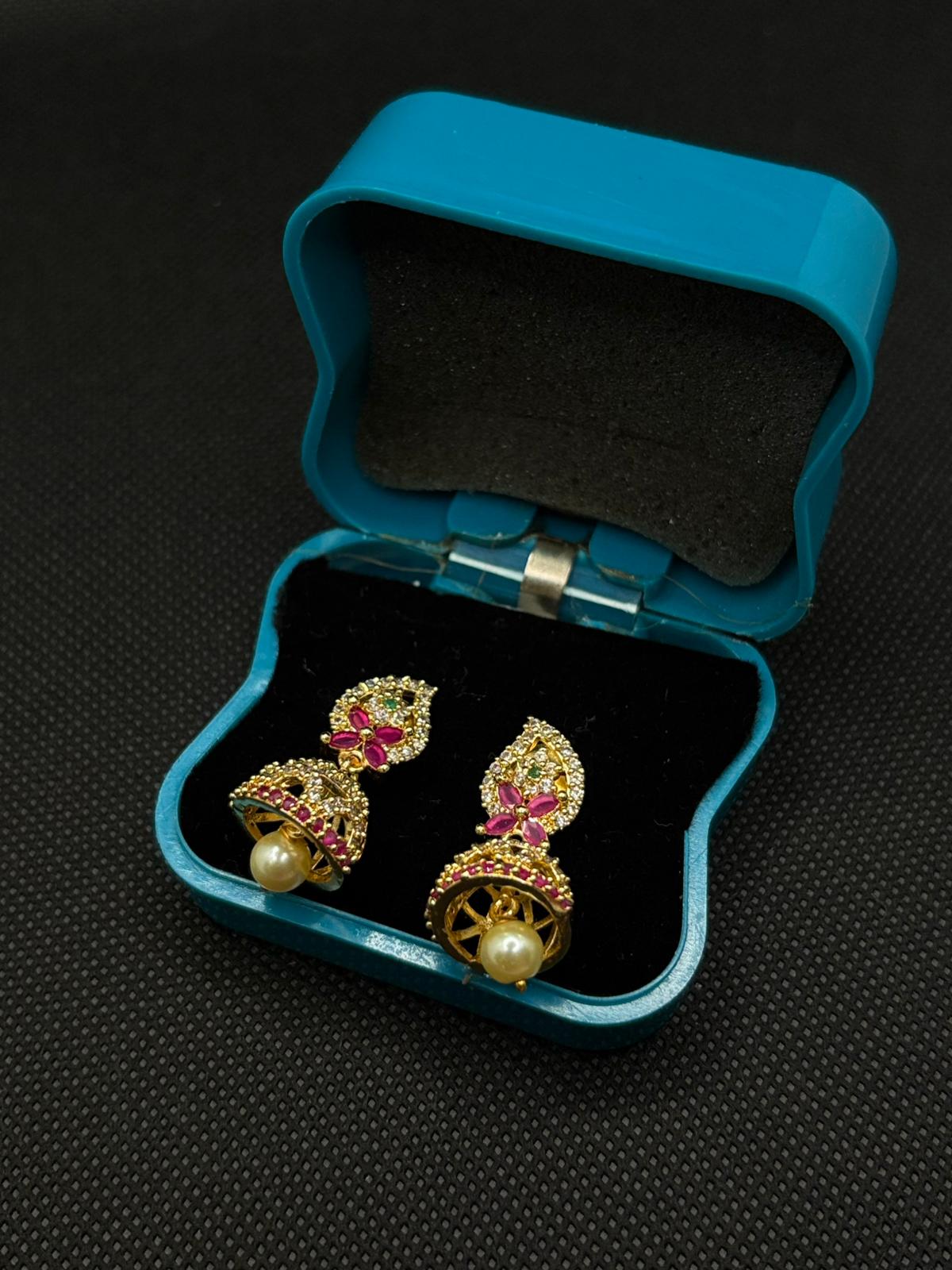 AD stoned Mango pendent Jumkha with Pearl hanging