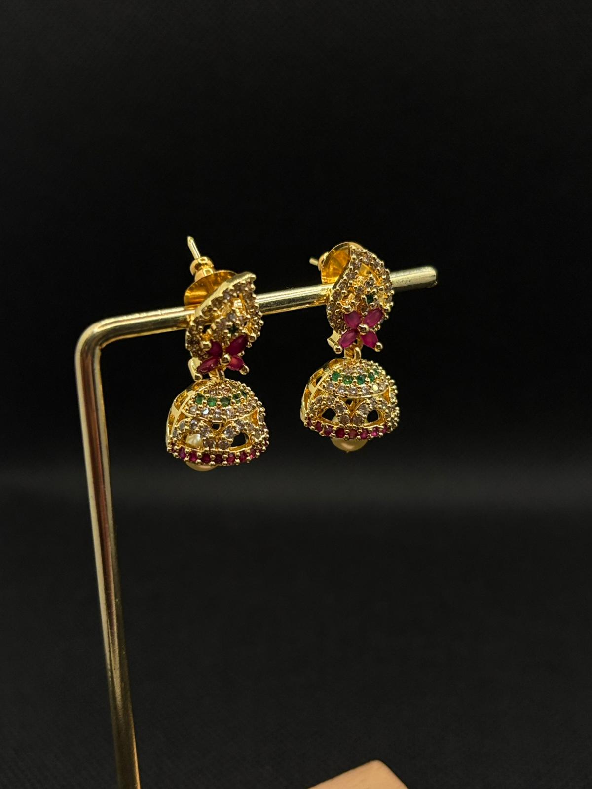 AD stoned Mango pendent Jumkha with Pearl hanging