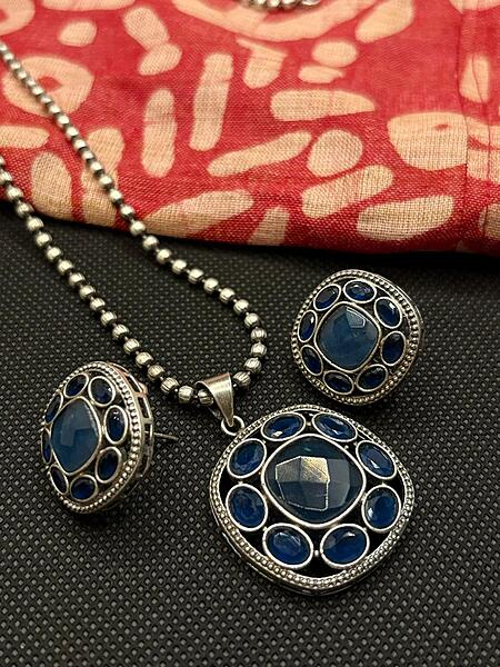 Oxidized Silver Necklace and Earring Set with Stones