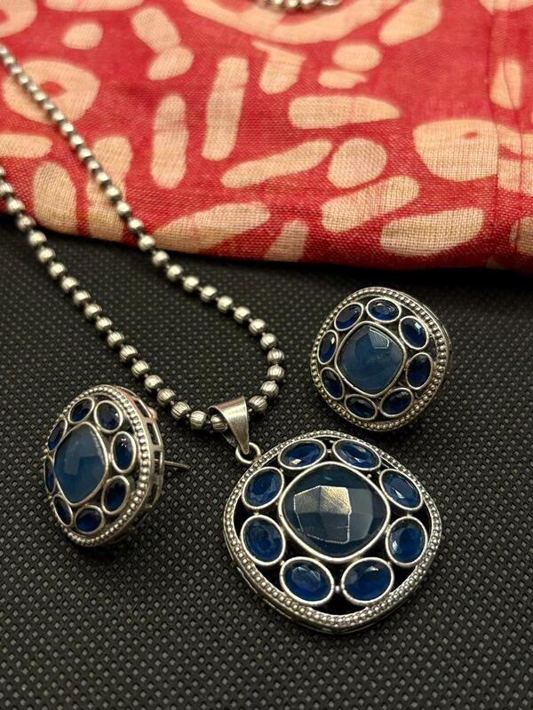 Oxidized Silver Necklace and Earring Set with Stones