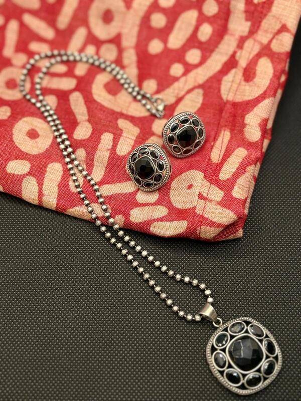 Oxidized Silver Necklace and Earring Set with Stones