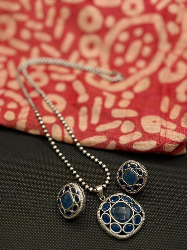 Oxidized Silver Necklace and Earring Set with Stones