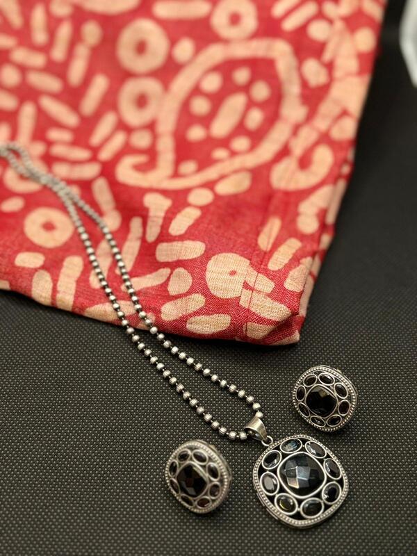 Oxidized Silver Necklace and Earring Set with Stones
